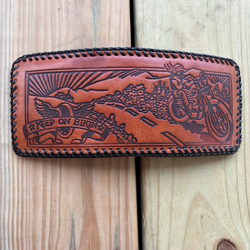 Vintage Leather Wallet Keep On Bikin Whipstitch Hand Tooled Motorcycle Bifold